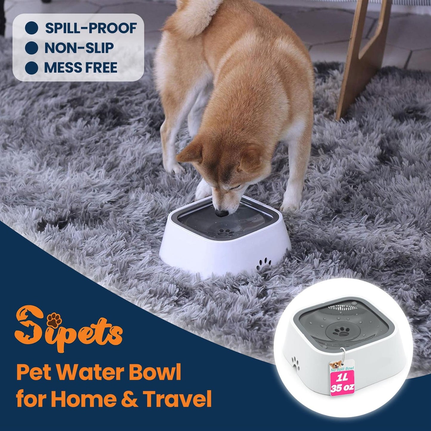 Non-Spill 35Oz Pet Water Bowl - Slow Drinking Design for Dogs