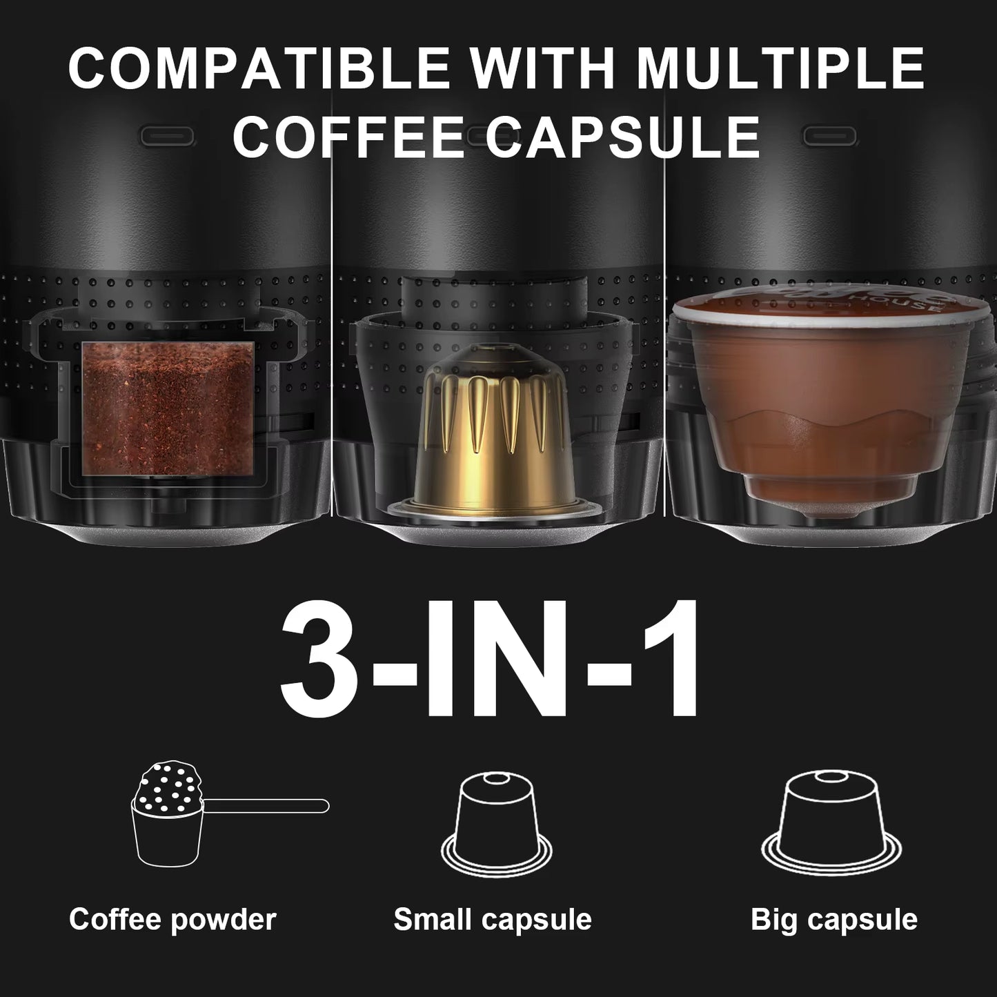 Wireless Electric Portable Espresso Coffee Machine for Car & Home Camping Coffee Maker 3-In-1 Capsule Powder Travel Coffee Maker